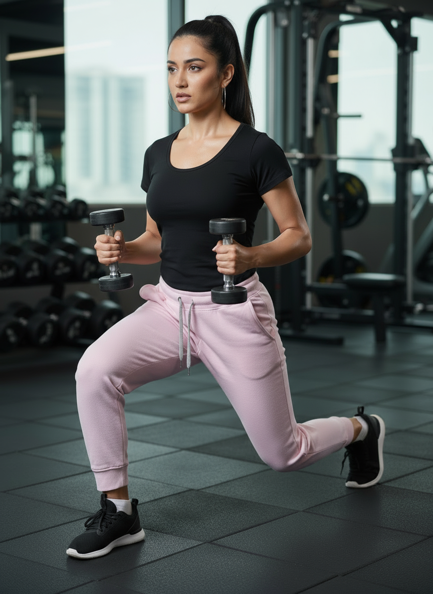 Woman exercising with dumbbells in a gym setting