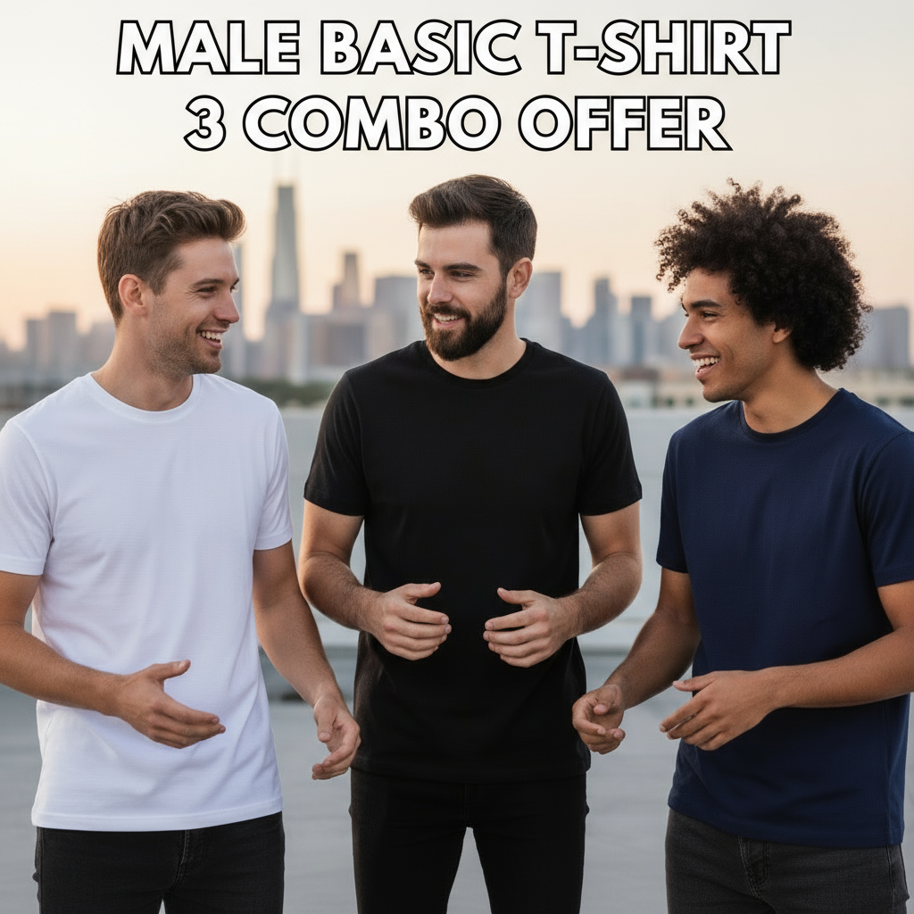 Three men wearing white, black, and navy blue t-shirts with a cityscape background.